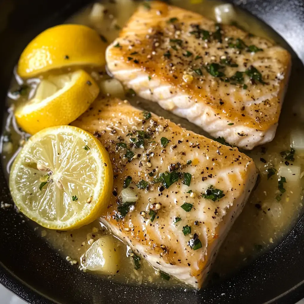 Deux beaux pavés de saumon cuits sont parsemés d’herbes et servis avec des tranches de citron dans un bouillon parfumé.