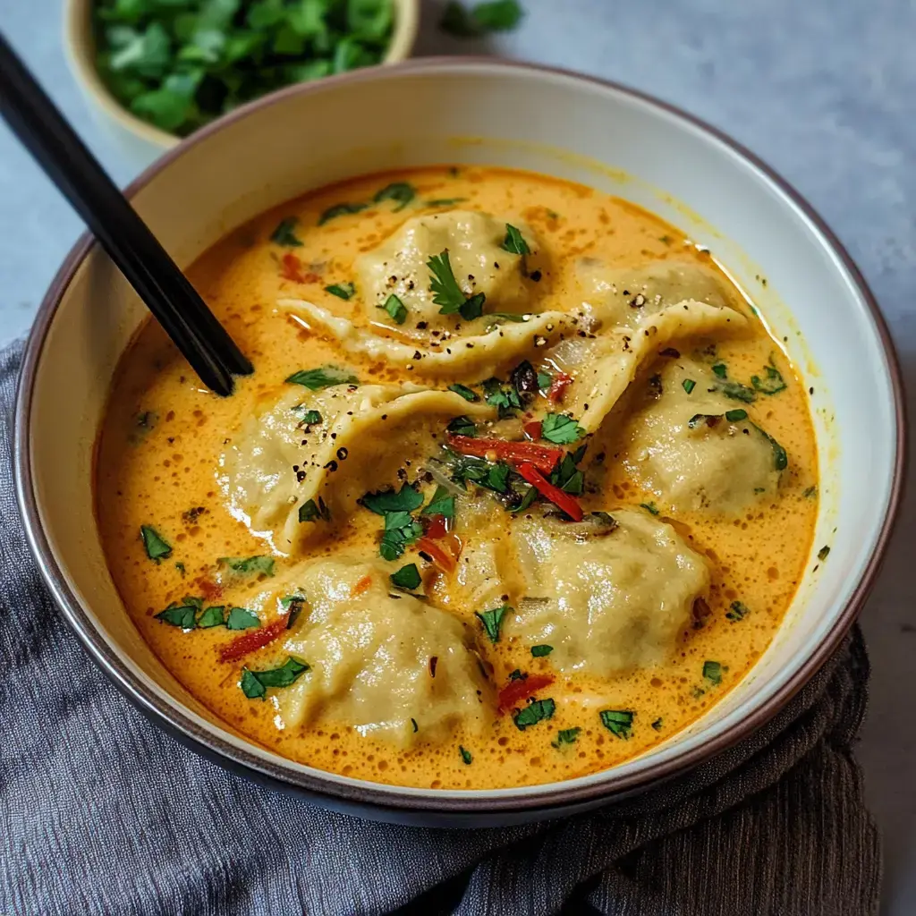 Un grand bol de soupe onctueuse aux raviolis, garni de coriandre et de piment, baguettes posées sur le bord.