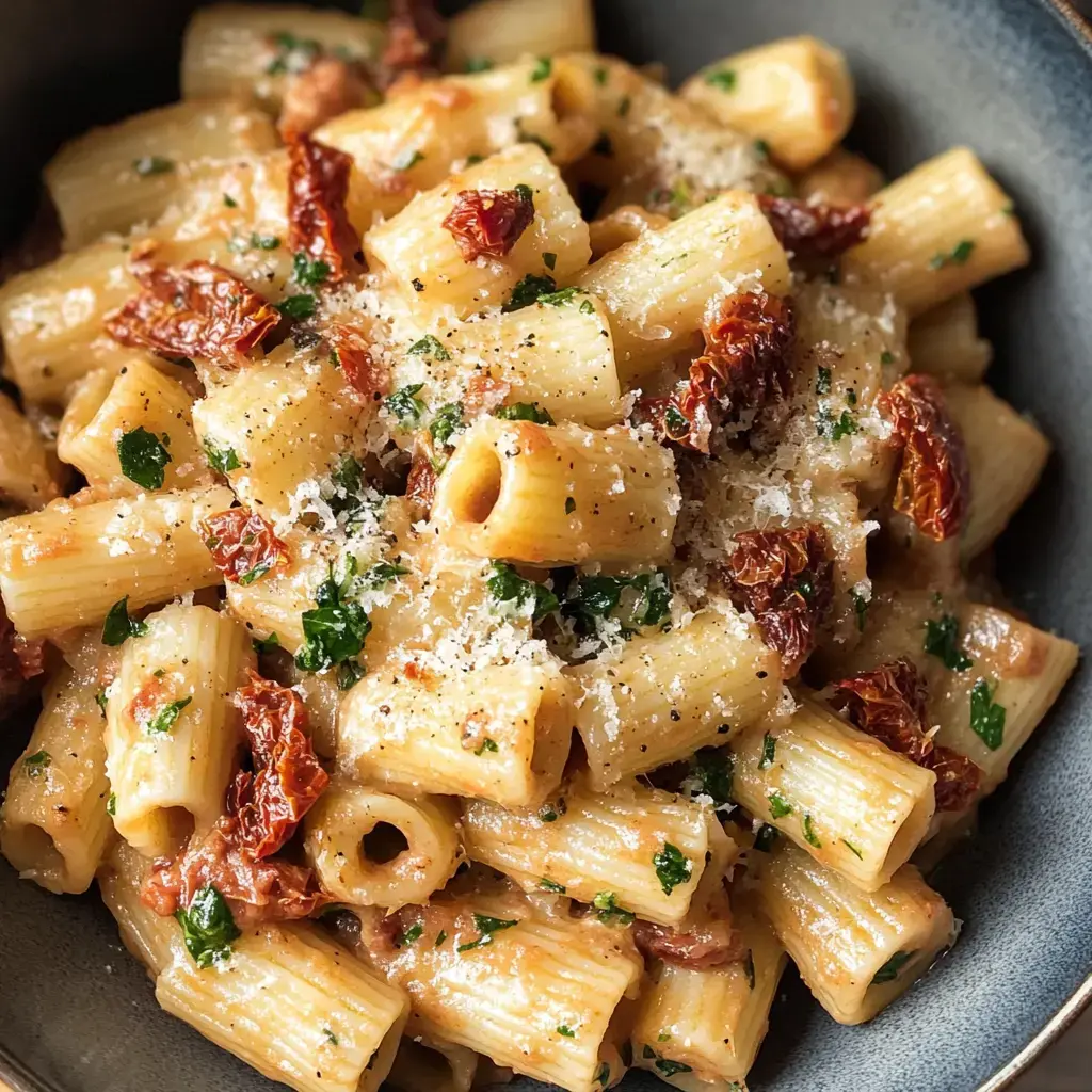 Un bol de rigatoni crémeux surmonté de tomates séchées, de persil et de parmesan râpé.