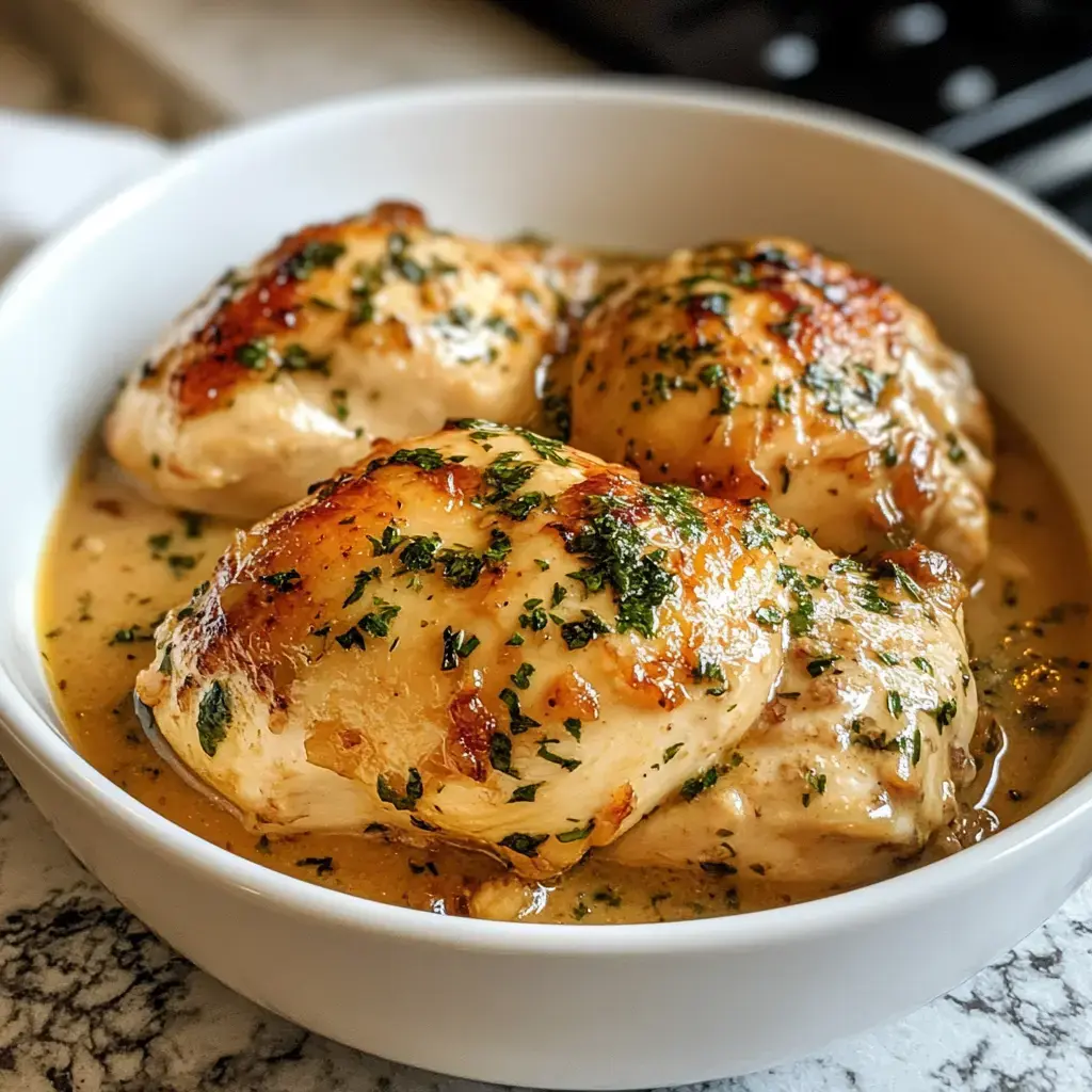 Un bol de blancs de poulet fondants nappés d'une sauce crémeuse et agrémentés d'herbes fraîches.