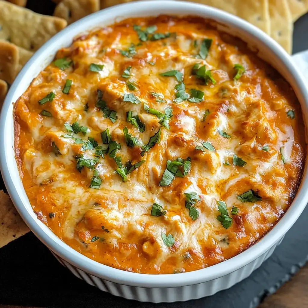 Un plat crémeux passé au four avec une belle couche de fromage fondu, saupoudré de coriandre fraîche et accompagné de crackers croustillants.