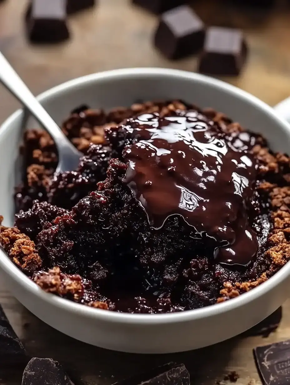Zoom sur un bol rempli de gâteau au chocolat moelleux recouvert de sauce brillante, entouré de morceaux de biscuits croquants.