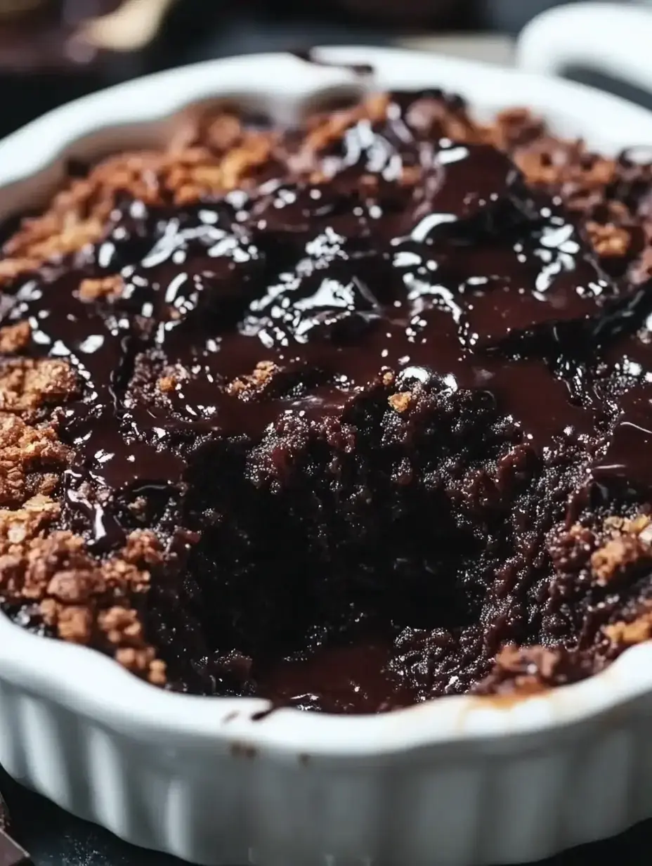 Zoom sur un dessert au chocolat cuit dans un plat blanc, nappé d’une sauce riche et d’une croûte dorée.