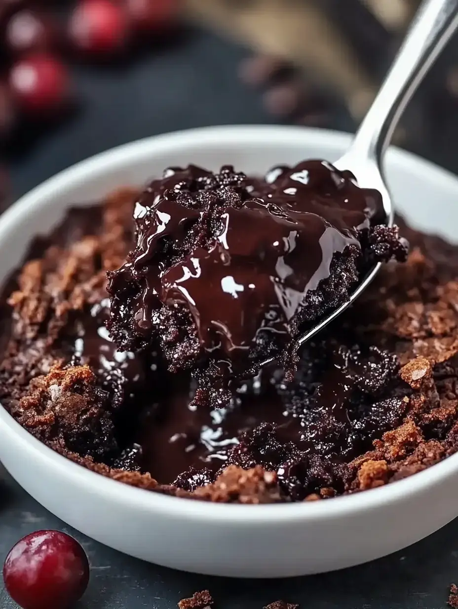 Une cuillère de chocolat coulant et fondant se soulève d’un bol entouré de bords croustillants et quelques cranberries pour décorer.