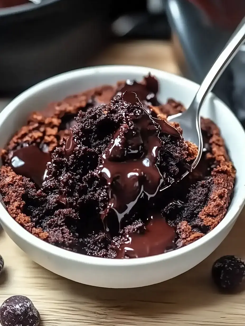 Zoom sur un bol de gâteau au chocolat encore chaud, le cœur fondant, prêt à être dévoré à la cuillère.