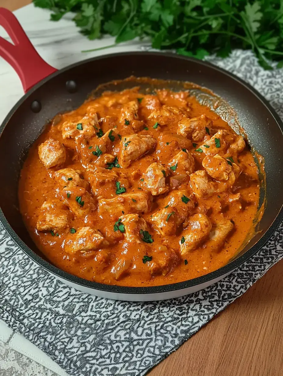 Gros plan d’une poêle avec morceaux de poulet nappés d’une sauce crémeuse et orange, persil frais dessus.