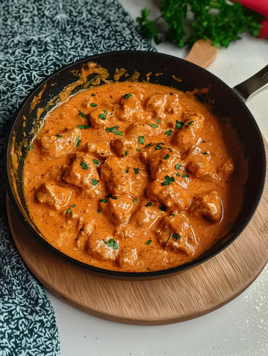Une poêle de plat crémeux orange parsemé de persil, posée sur du bois.