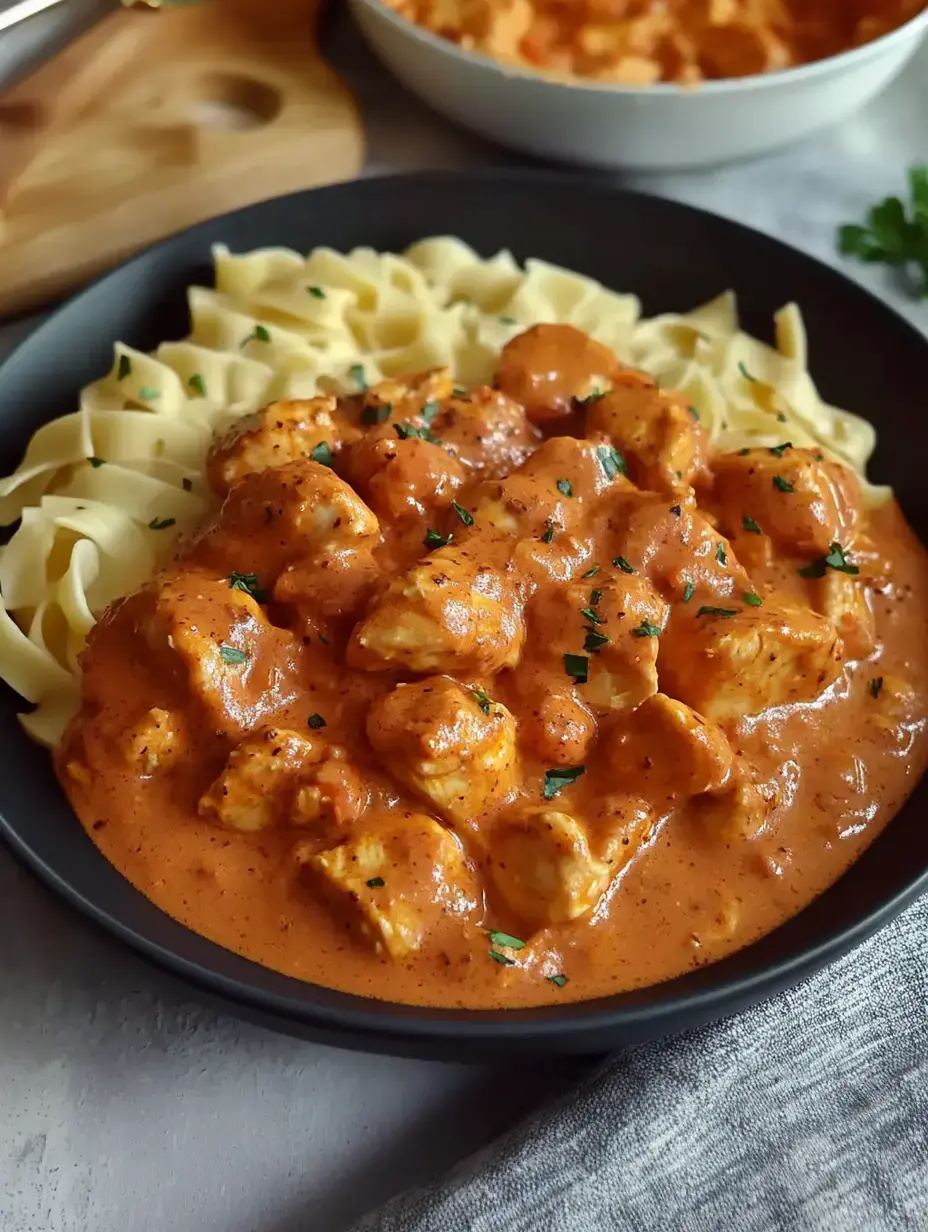 Bol noir avec un plat crémeux au poulet sur un lit de nouilles, parsemé de persil.