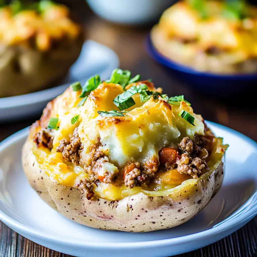 Une pomme de terre au four bien garnie avec du bœuf, du fromage et des oignons verts.