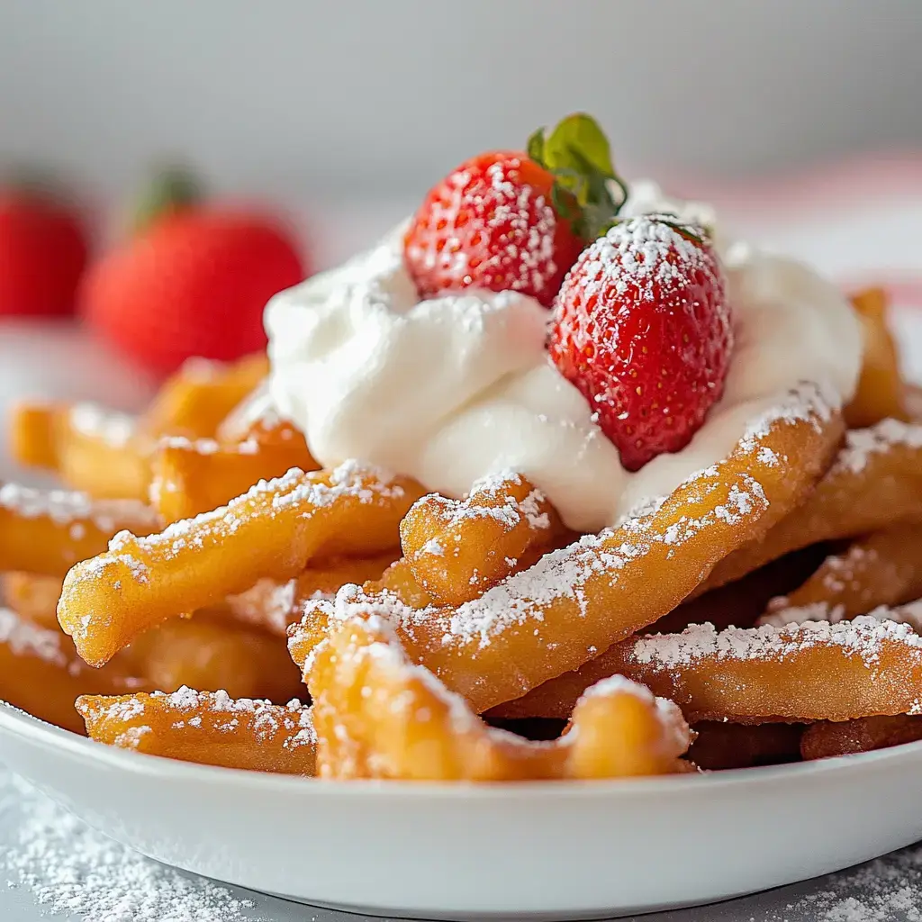 Zoom sur une assiette de beignets croustillants nappés de crème fouettée et de fraises fraîches, le tout saupoudré de sucre glace.