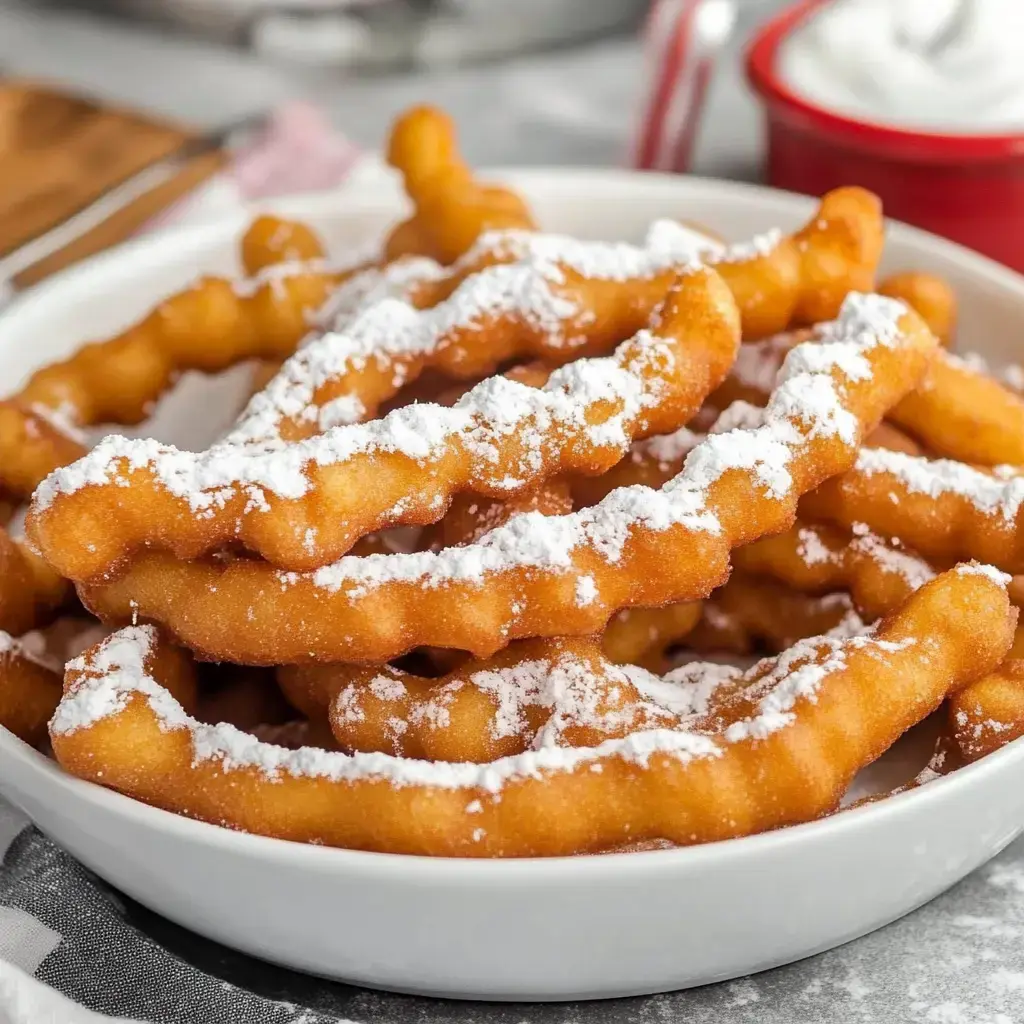 Un bol blanc rempli de beignets dorés en bâtonnets, recouverts de sucre glace.