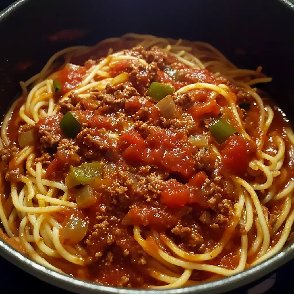 Une assiette de spaghettis nappée d'une riche sauce à la viande et tomate, garnie de poivrons verts et d'oignons.