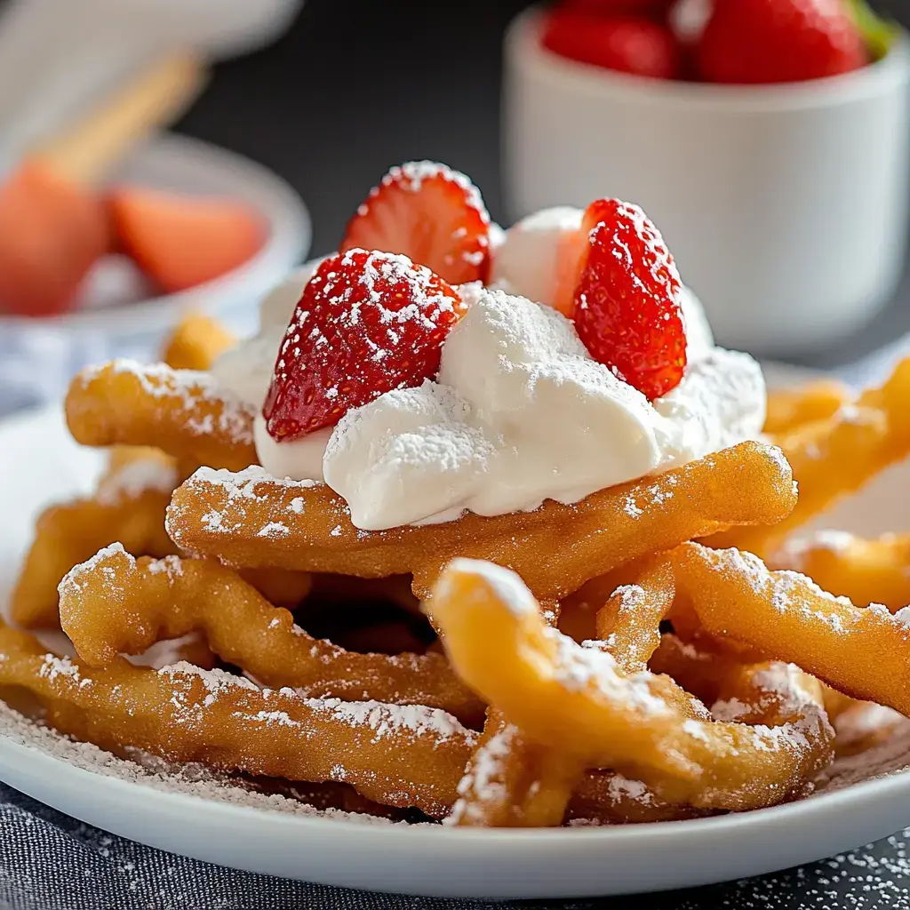 Une assiette de beignets nappés de crème fouettée et de fraises fraîches, le tout saupoudré de sucre glace.