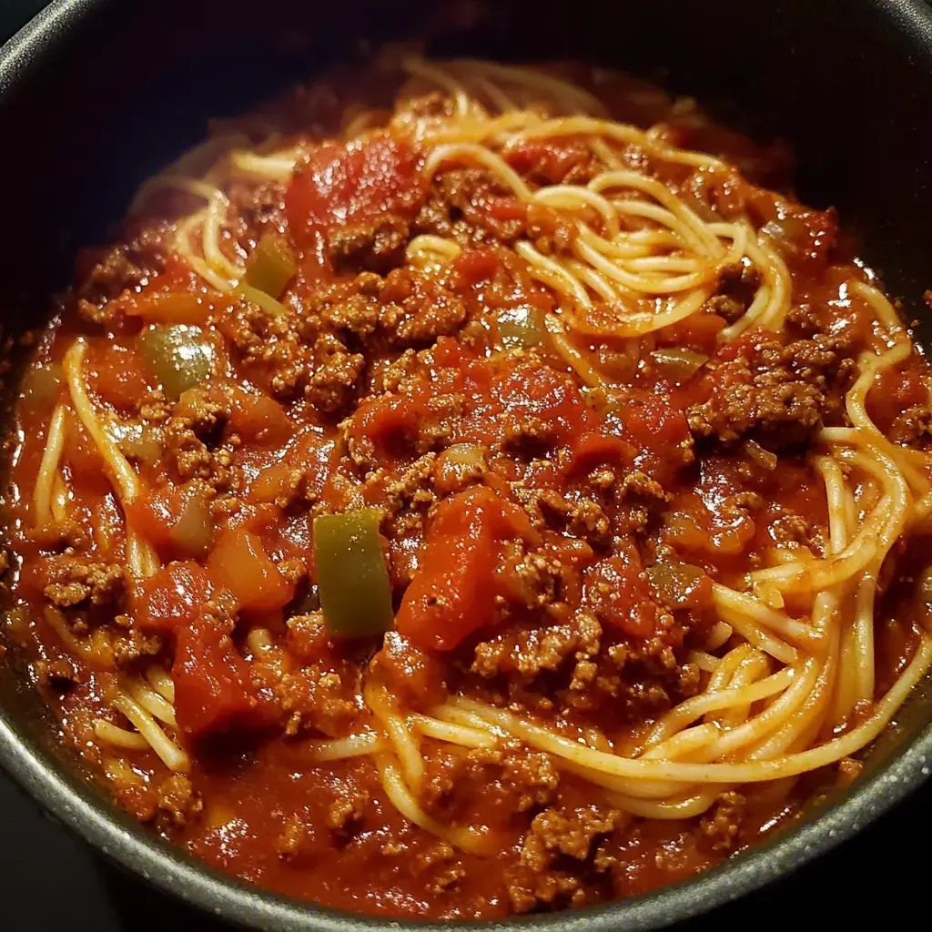 Une marmite de spaghettis garnis de viande hachée et d'une sauce à base de tomates avec des tomates en dés et des poivrons verts.