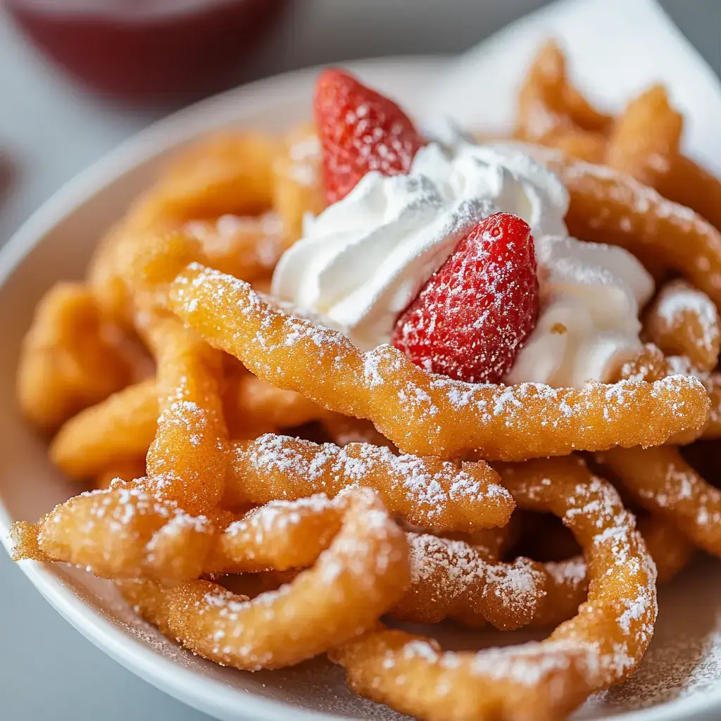 Zoom sur une assiette de beignets nappés de crème fouettée et de fraises, avec un nuage de sucre glace.