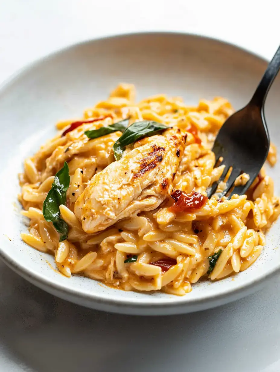 Un bol d'orzo crémeux garni de poulet grillé et décoré de feuilles de basilic frais.