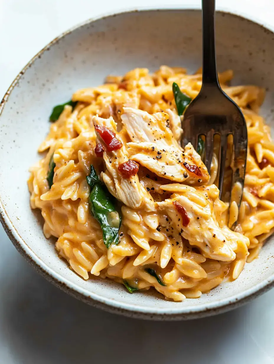 Un bol d'orzo crémeux mélangé avec du poulet effiloché et des épinards, garni de morceaux de lardons et de poivre noir.