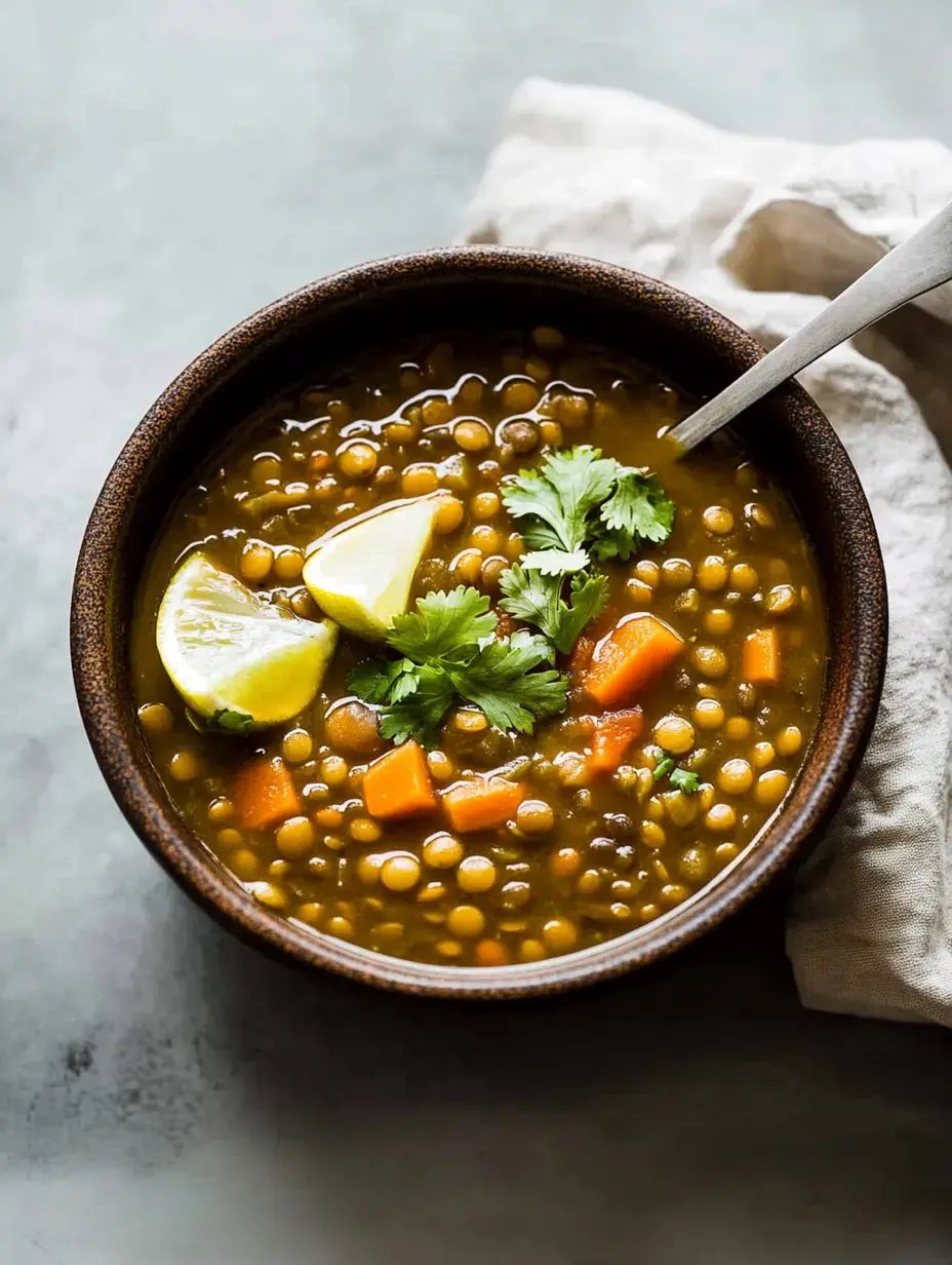 Un bol rustique de soupe aux lentilles décoré de quartiers de citron et de coriandre fraîche, posé sur une surface texturée.