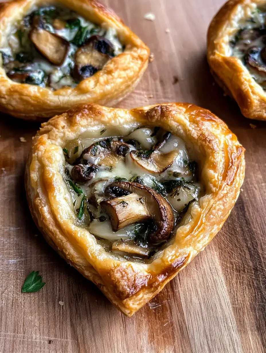 Un gros plan de tartelettes en forme de cœur garnies de champignons et de verdure sur une surface en bois.