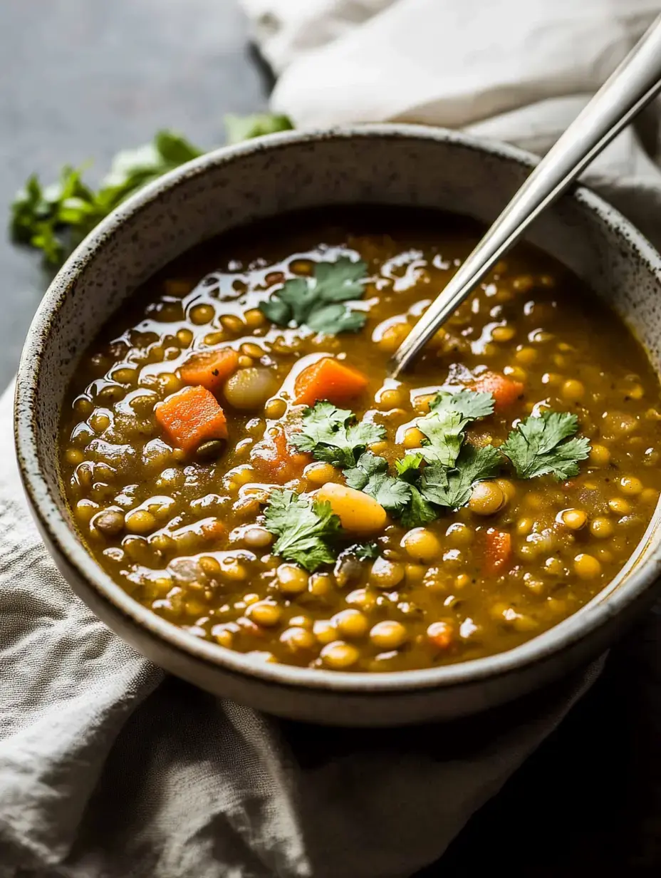 Un bol de soupe de lentilles garni de coriandre fraîche et de morceaux de légumes, posé sur une surface texturée.