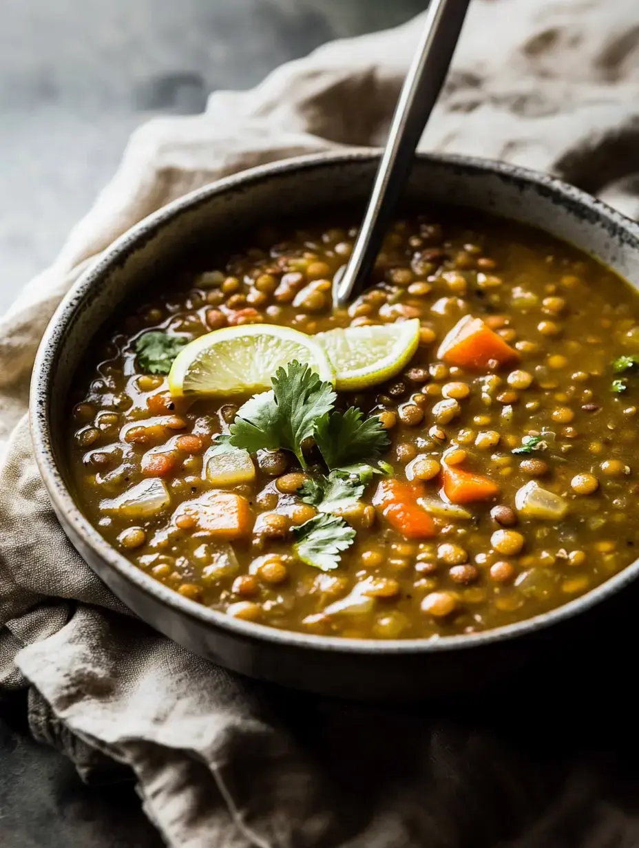 Un bol de soupe aux lentilles garni de quartiers de citron vert et de coriandre, posé sur un tissu texturé.