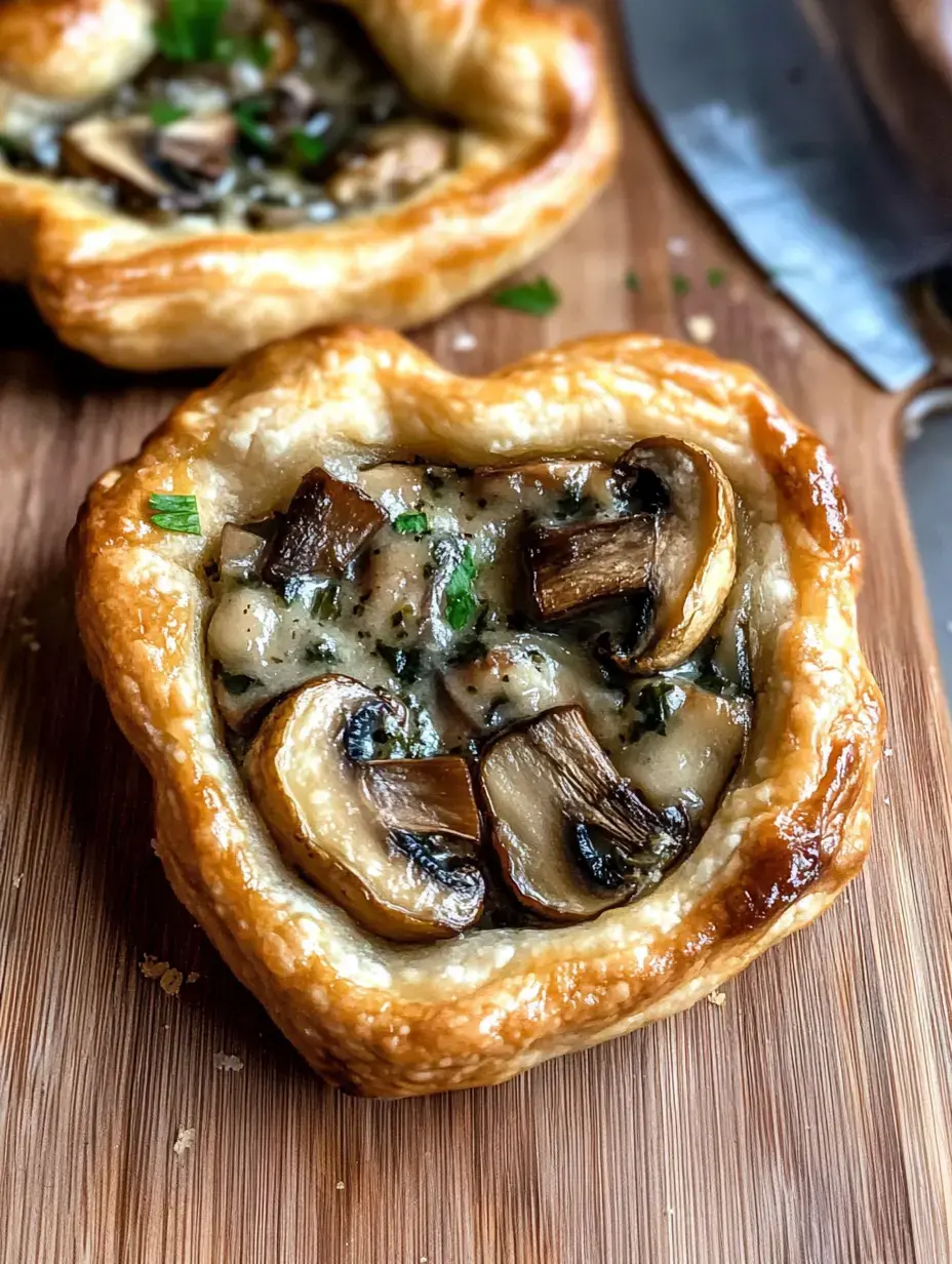 Une pâtisserie en forme de cœur garnie de champignons sautés et d'herbes sur une planche à découper en bois.