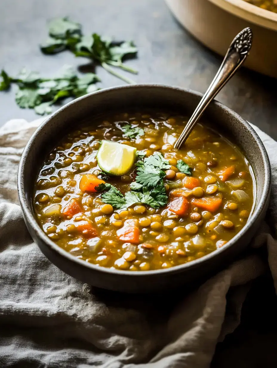 Un bol de soupe de lentilles vertes décoré de coriandre et d’un quartier de citron vert, sur un fond de tissu texturé.