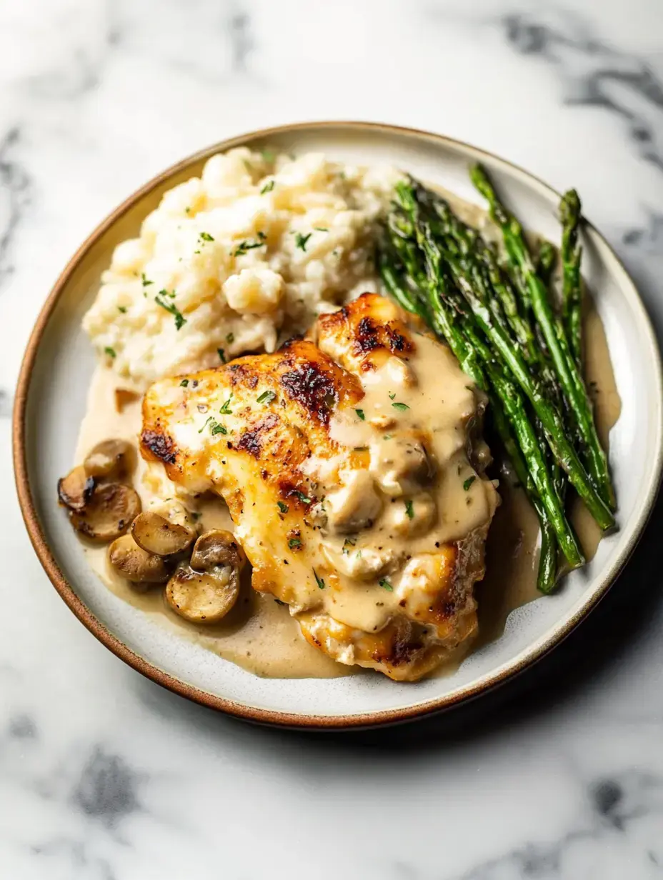 Une assiette de poulet nappé de sauce crémeuse, servi avec purée de pommes de terre, champignons sautés et asperges grillées.