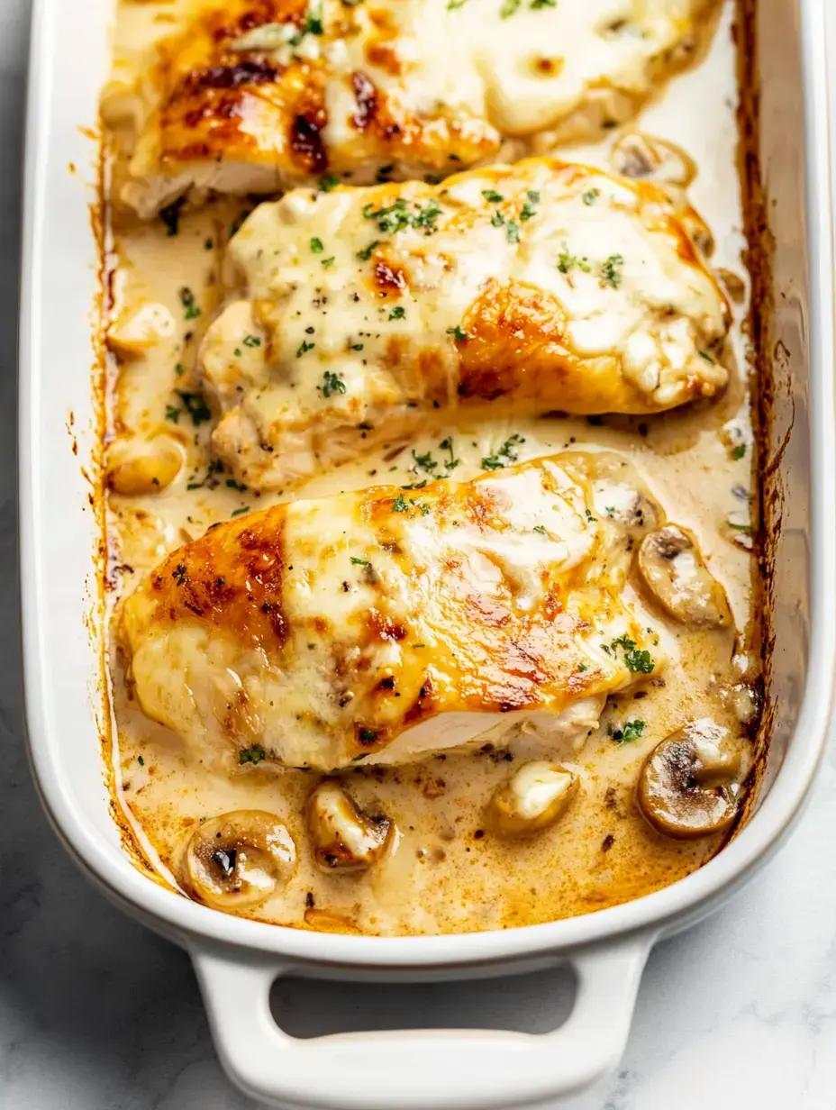 Un plat crémeux de poulet recouvert de fromage fondu, garni de persil et servi avec des champignons émincés, dans un plat blanc.