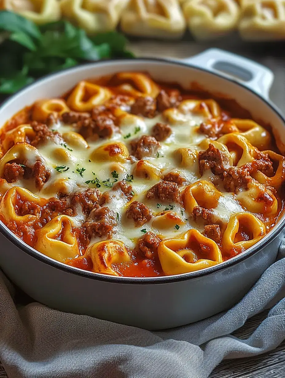 Un plat crémeux de pâtes à la saucisse et fromage fondu, servi dans une cocotte blanche avec du persil et des tortellinis en arrière-plan.
