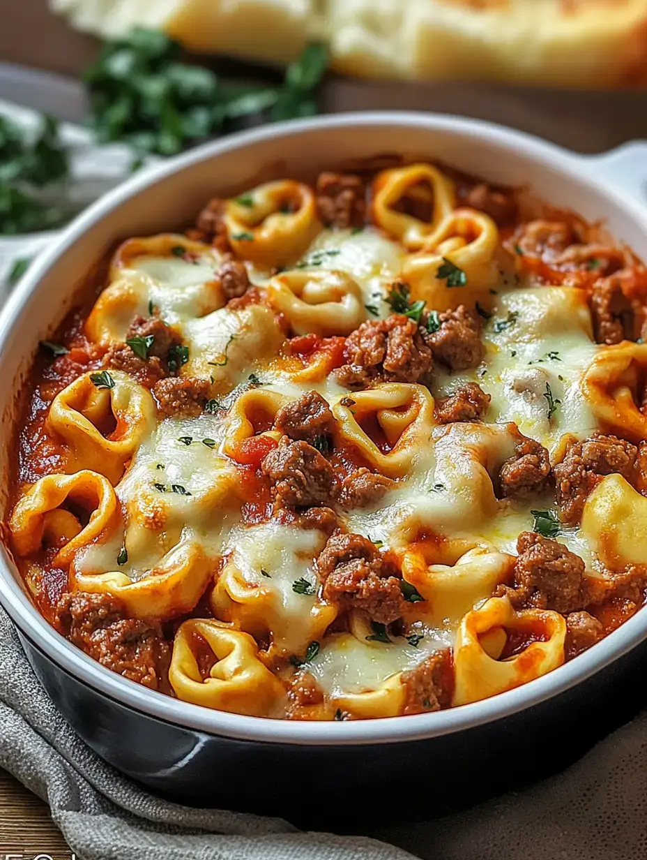 Zoom sur des tortellinis gratinés, fromage fondu et viande hachée, parsemés de persil, servis dans un plat blanc.