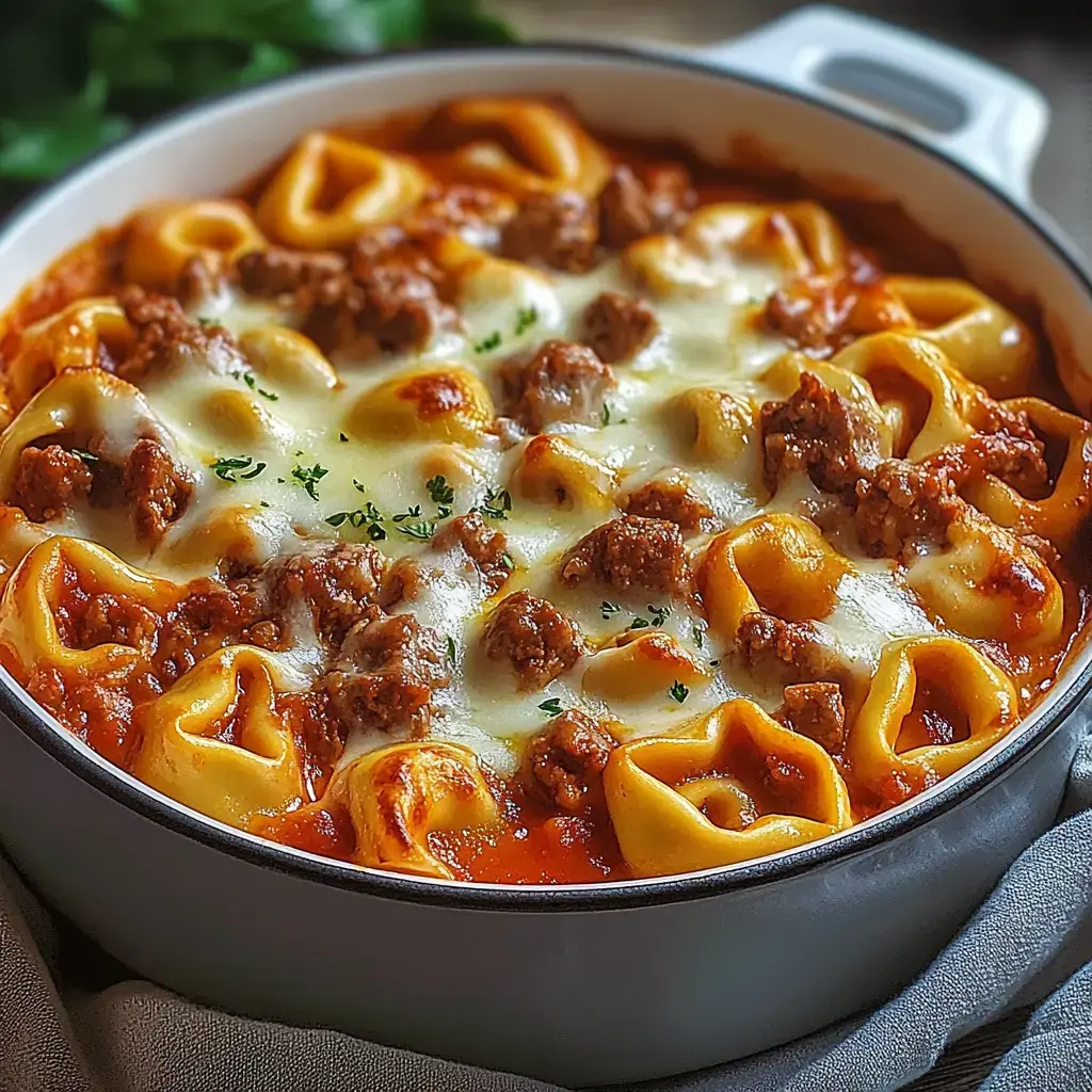 Plat de tortellinis gratinés au fromage et viande hachée dans une sauce tomate, décoré de persil.