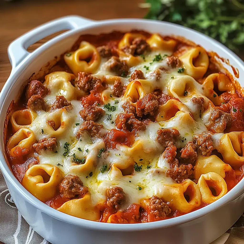 Gratin de pâtes crémeux aux coquillages, viande hachée et fromage fondant, bien doré dans un plat blanc.