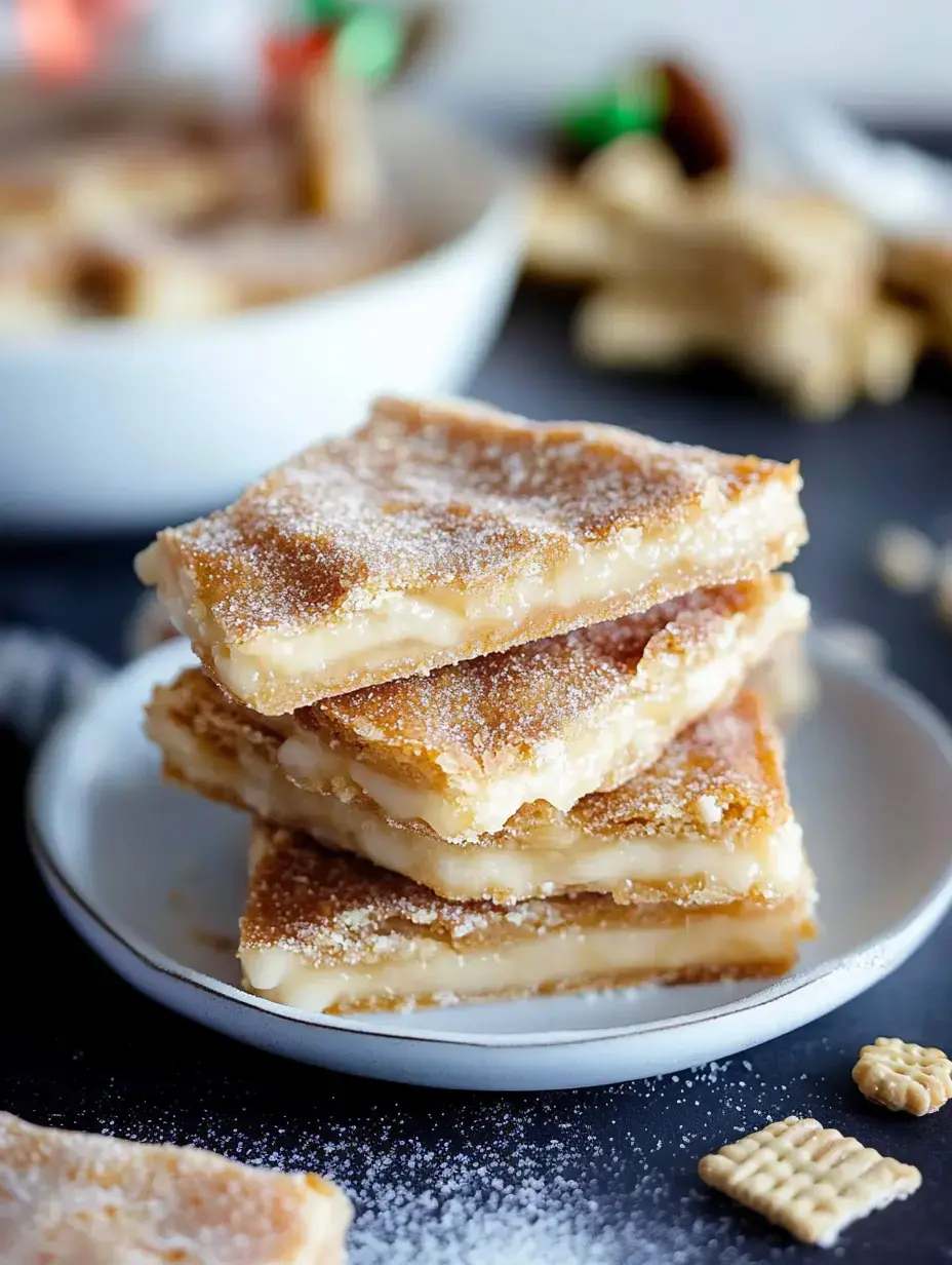 Un tas de carrés gourmands saupoudrés de sucre glace posés sur une petite assiette, avec un bol flou de douceurs et des friandises éparpillées derrière.
