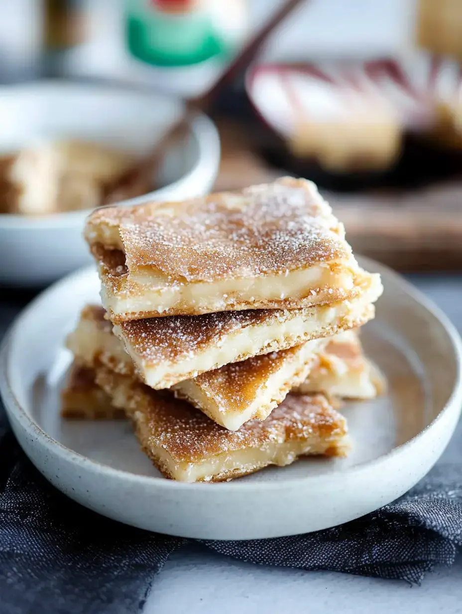 Un tas de carrés dorés, moelleux, sucrés sur une assiette grise, avec en arrière-plan un bol flou de tartinade.