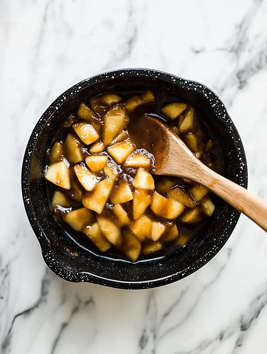 Un saladier rempli de dés de pommes nappés de caramel, avec une cuillère en bois.