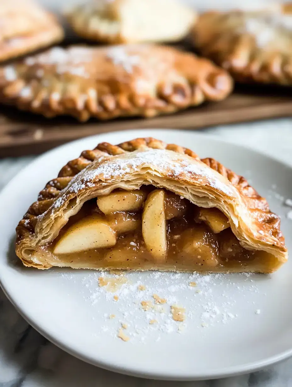 Un chausson aux pommes découpé, pâte feuilletée dorée, garni de pommes à la cannelle, posé sur une assiette, avec d'autres en arrière-plan.