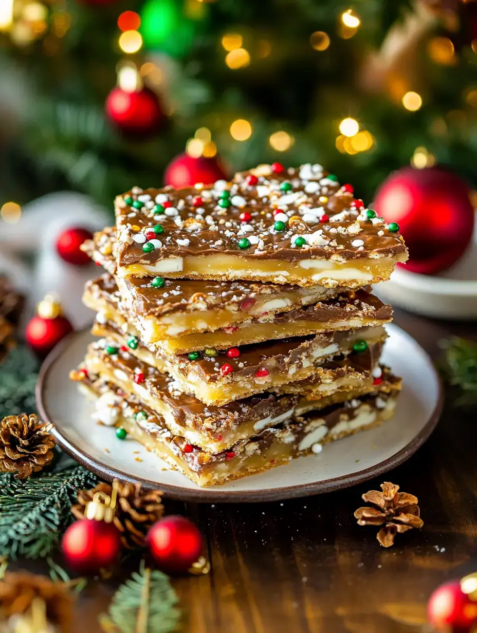 Une pile de morceaux de caramel festif décorés est posée sur une assiette, entourée de boules de Noël et de pommes de pin devant un sapin tout flou en fond.