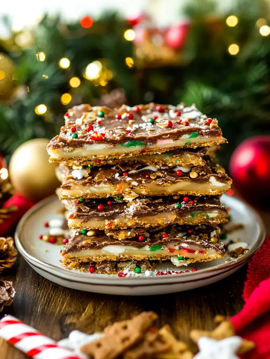 Une pile de barres de caramel et chocolat festives sur une assiette, entourée de décorations de Noël.
