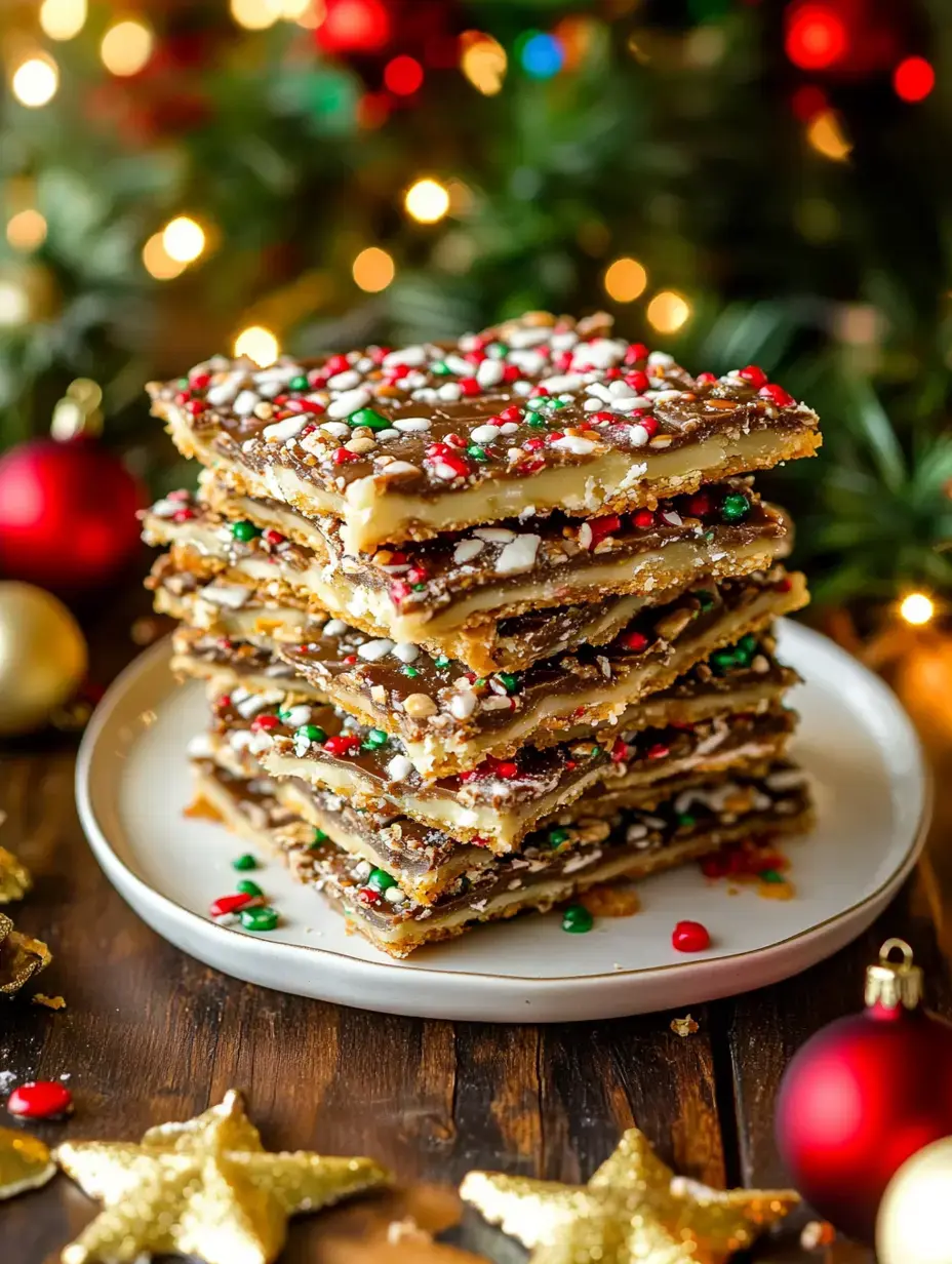 Une pile festive de douceurs colorées est présentée sur une assiette, entourée de lumières scintillantes et boules de Noël.
