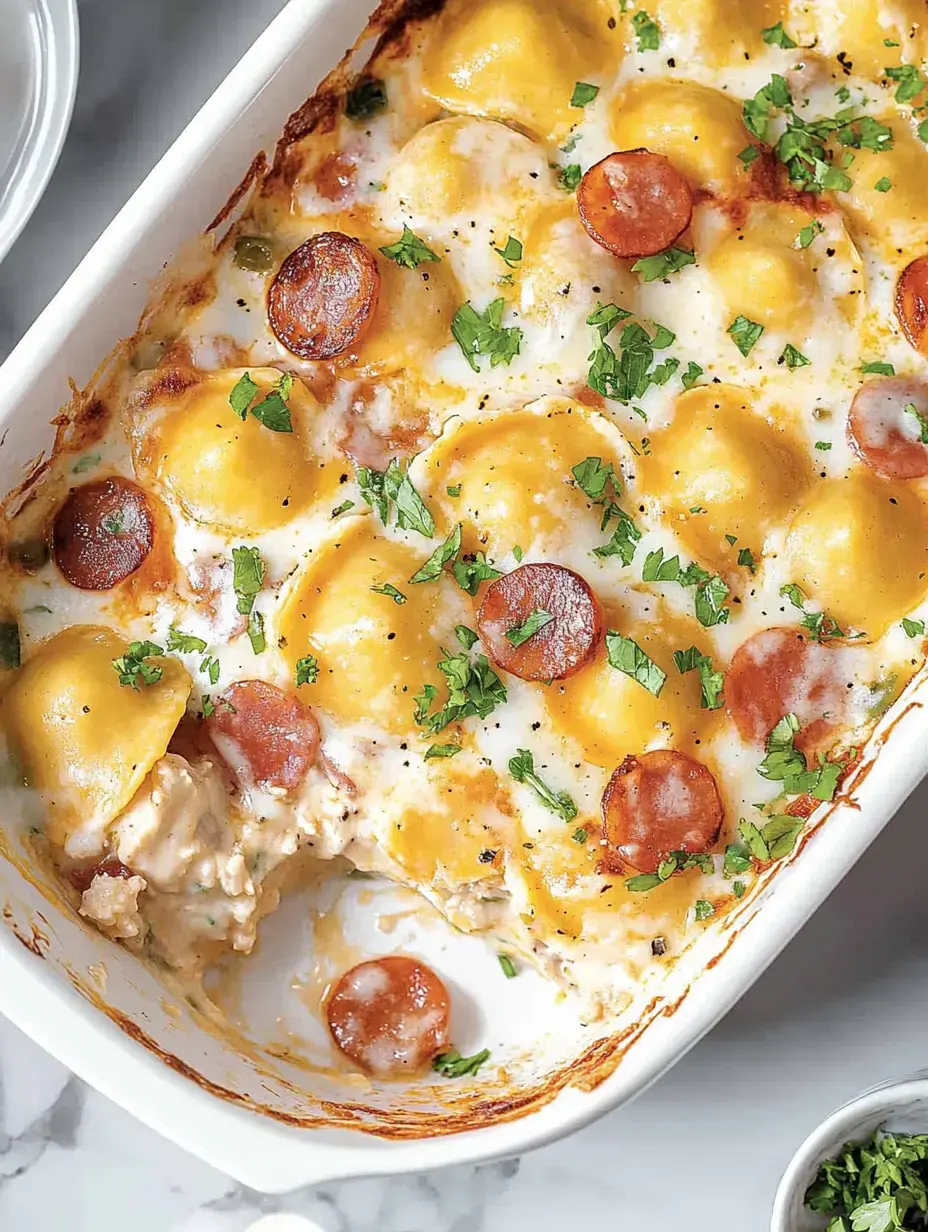 Gratin tout chaud avec fromage, raviolis, rondelles de charcuterie et persil coupé dans un plat blanc.