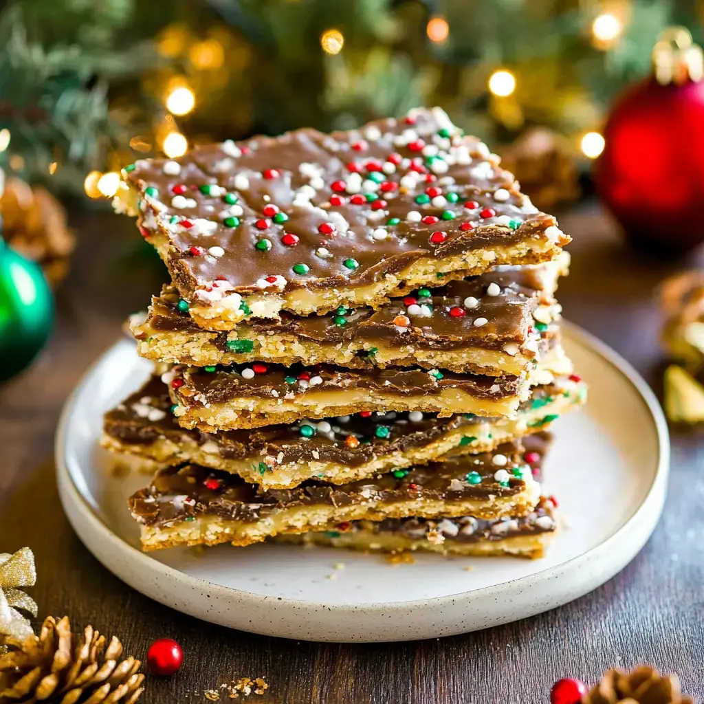 Une pile de barres dessert chocolatées, décorées de vermicelles rouges et verts, posée sur une assiette claire entourée de boules et feuillage de fête.