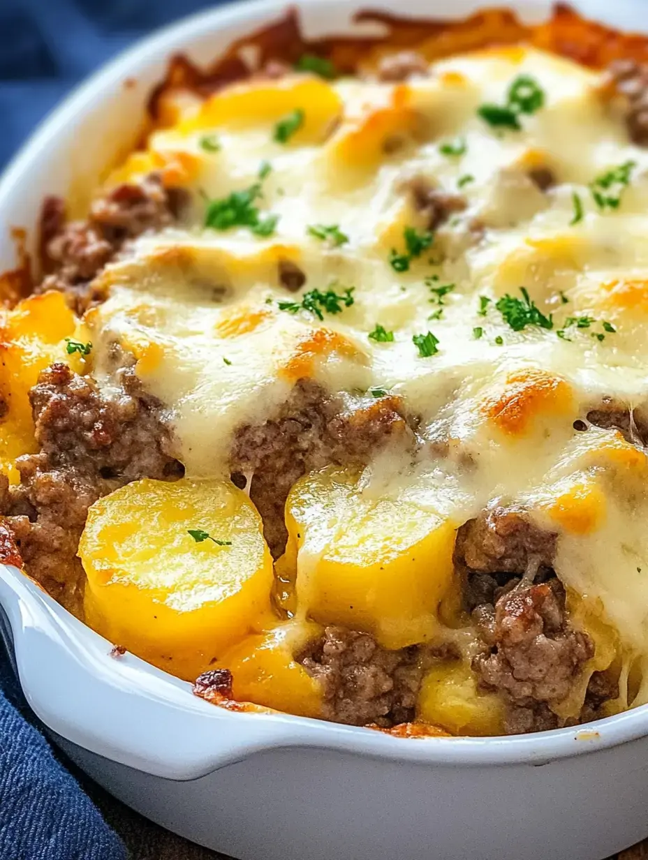 Un gratin crémeux avec des couches de bœuf haché, pommes de terre et fromage fondu, parsemé de persil frais.