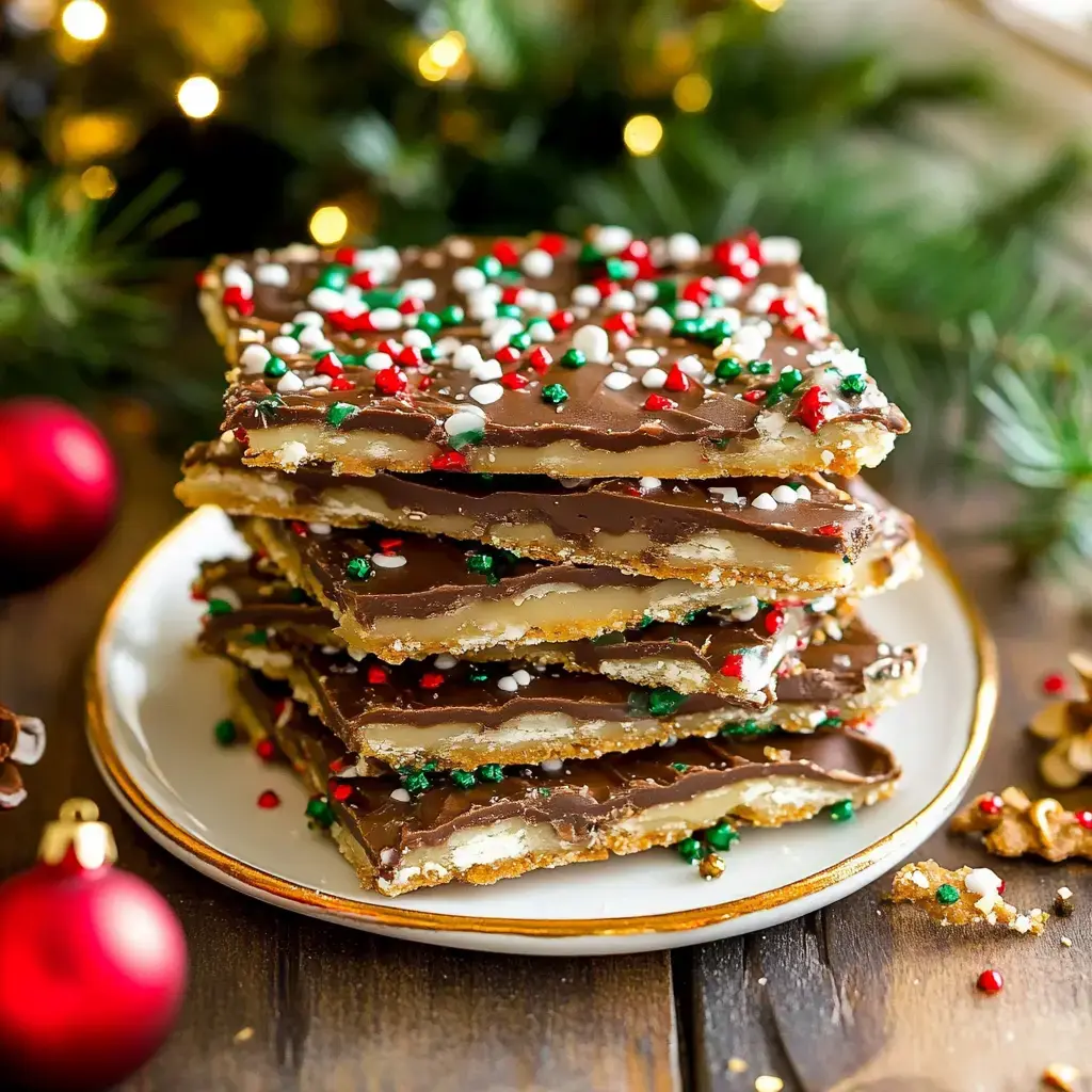Une pile festive de douceurs au caramel et chocolat garnies de vermicelles colorés, posée sur une assiette décorée avec des décorations de Noël en arrière-plan.