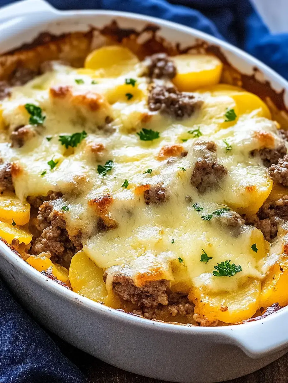 Plat tout juste sorti du four rempli de couches de bœuf haché, pommes de terre, fromage fondu et parsemmé de persil.