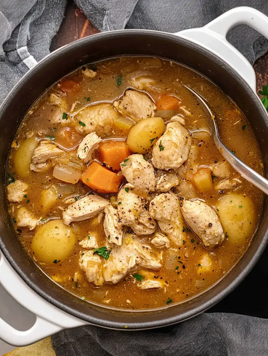 Un mijoté généreux de poulet avec légumes, dont carottes et pommes de terre, servi dans une cocotte sombre.