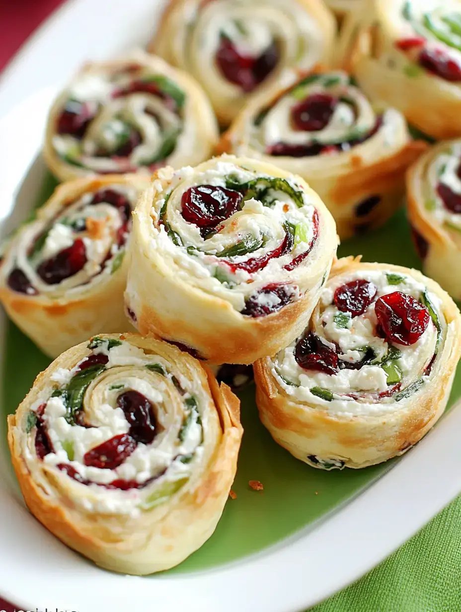 Une grande assiette de roulés à tartiner garnis de fromage frais, de poivrons verts et de cranberries.
