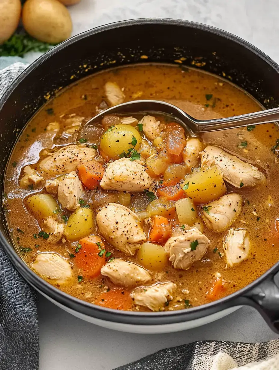 Une cocotte de mijoté de poulet avec carottes, pommes de terre et herbes posée sur une table grise, des pommes de terre entières autour.