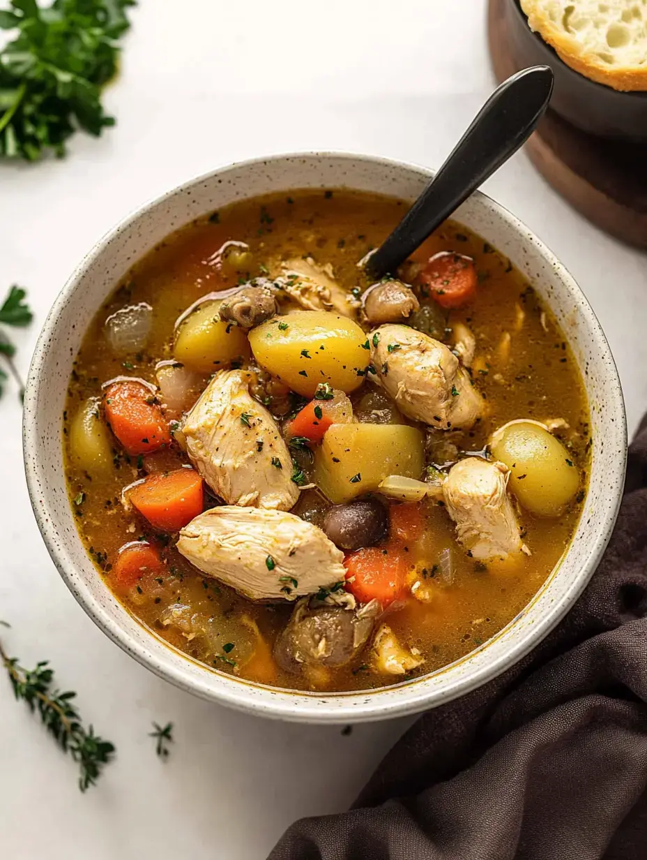 Un bol de soupe de poulet copieuse rempli de légumes – carottes, pommes de terre, champignons – décoré d’herbes fraîches.