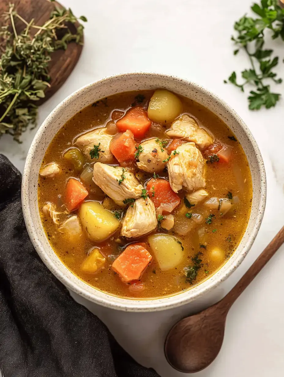 Un bol bien garni de mijoté de poulet avec légumes – carottes, pommes de terre – parsemé d’herbes fraîches.